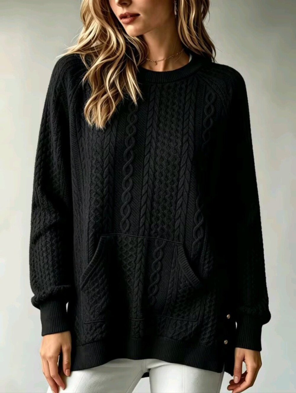 Women's Cable Knit Sweater With Kangaroo Pocket Long Sleeve Crew Neck